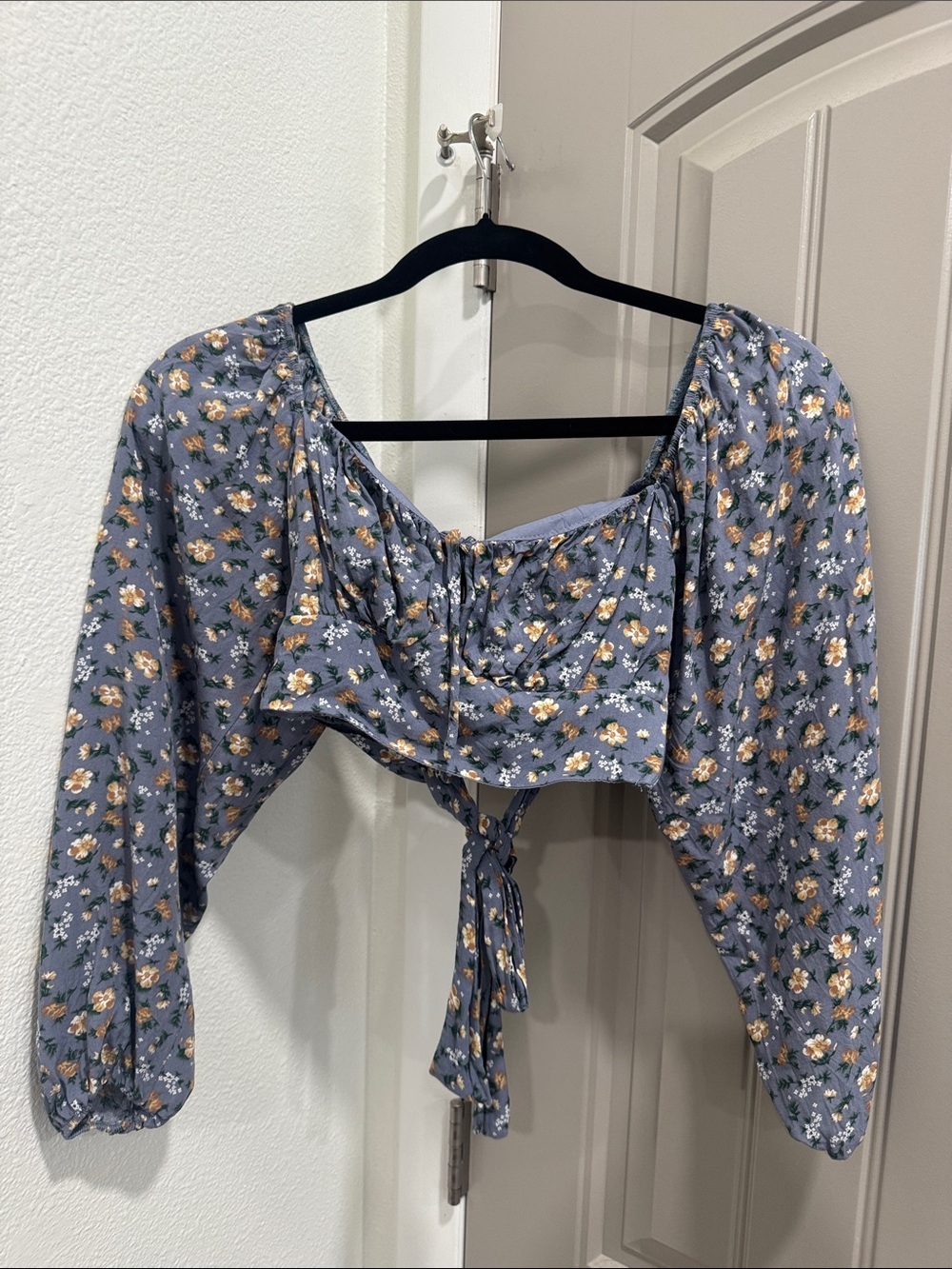 Altard State Floral Tie-Front Blue Puff Sleeve Crop Top XXS
